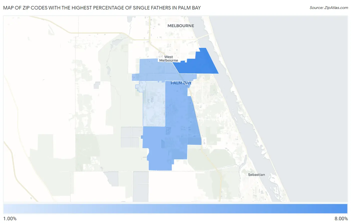 Zip Codes with the Highest Percentage of Single Fathers in Palm Bay Map
