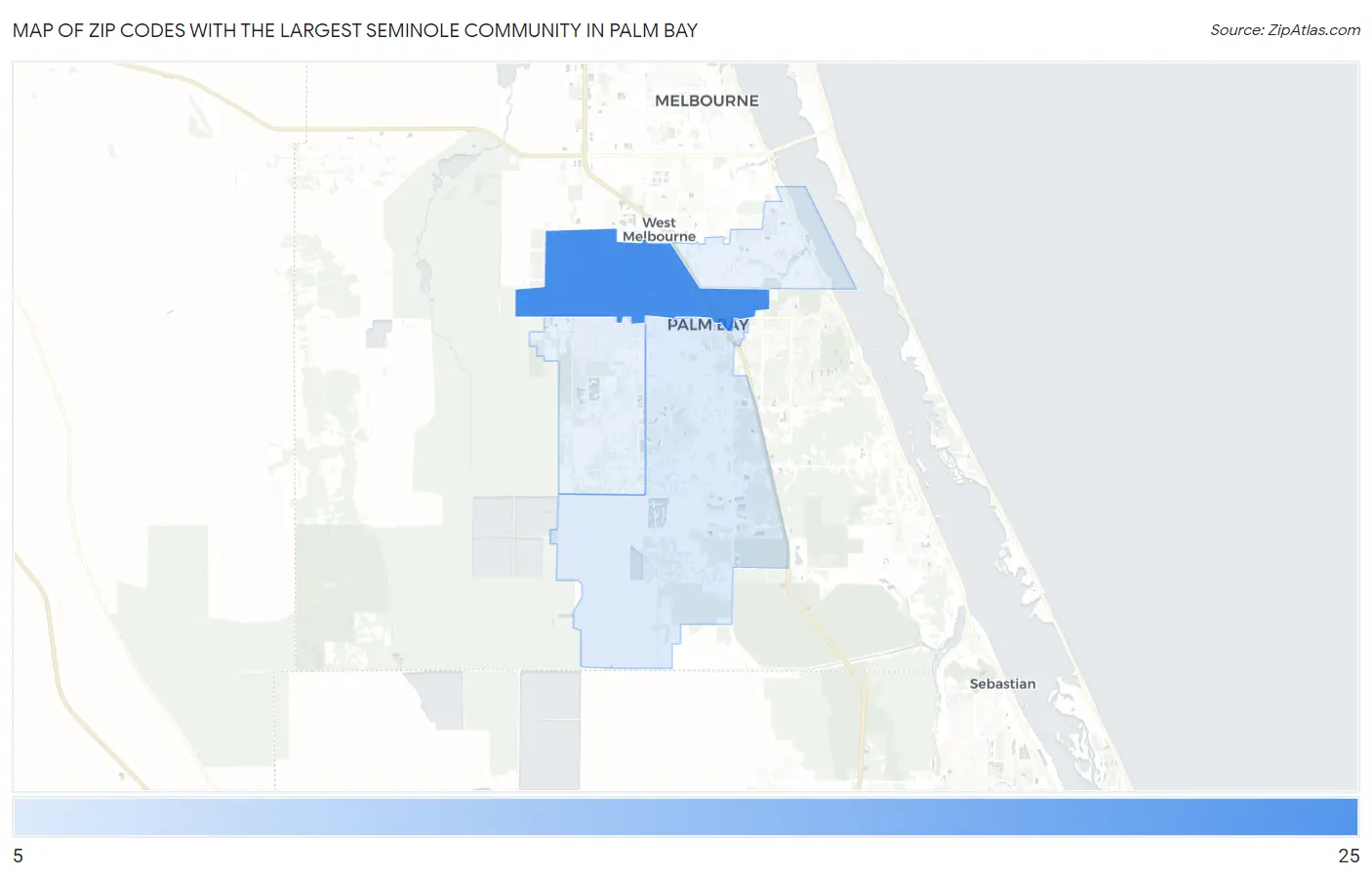 Zip Codes with the Largest Seminole Community in Palm Bay Map