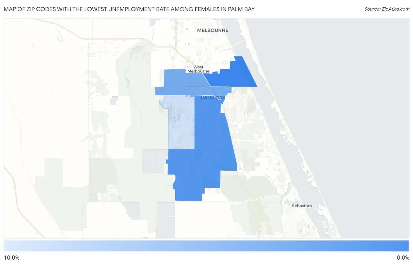 Zip Codes with the Lowest Unemployment Rate Among Females in Palm Bay Map