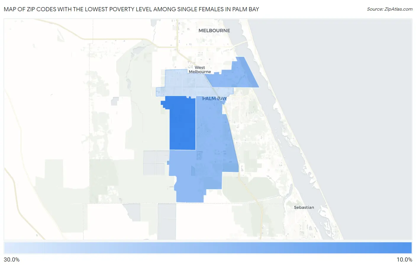 Zip Codes with the Lowest Poverty Level Among Single Females in Palm Bay Map