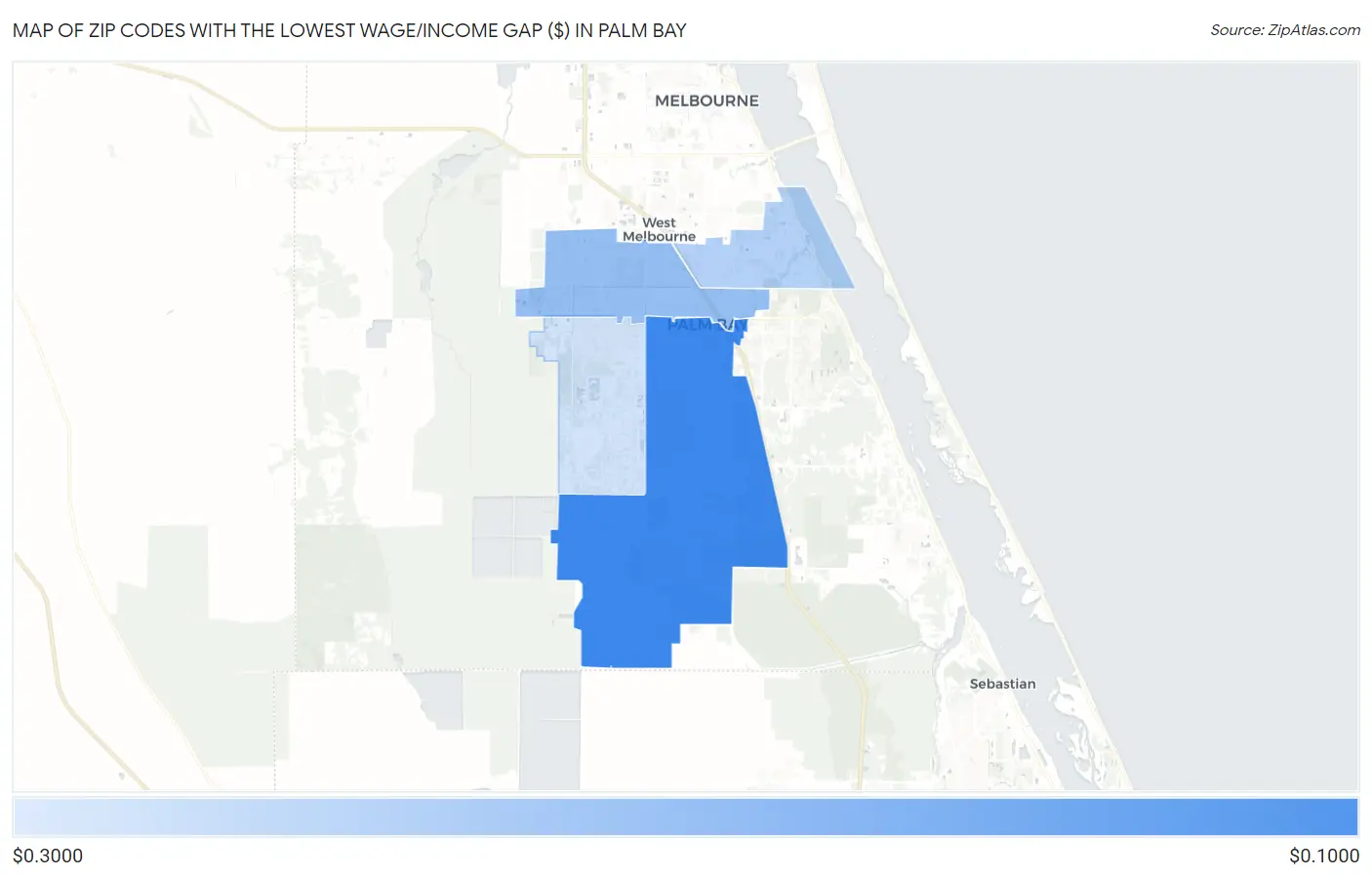 Zip Codes with the Lowest Wage/Income Gap ($) in Palm Bay Map