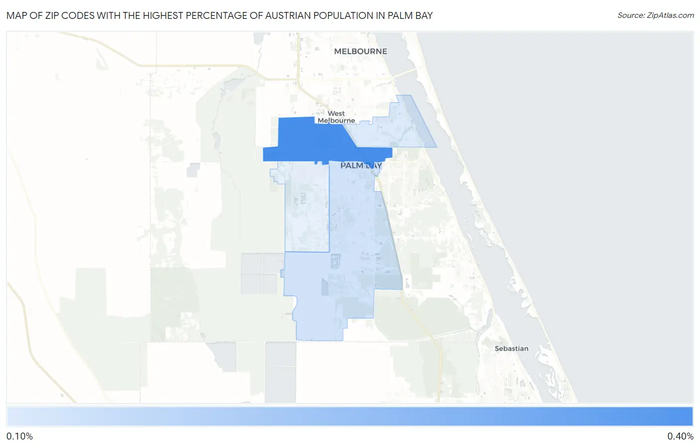 Zip Codes with the Highest Percentage of Austrian Population in Palm Bay Map