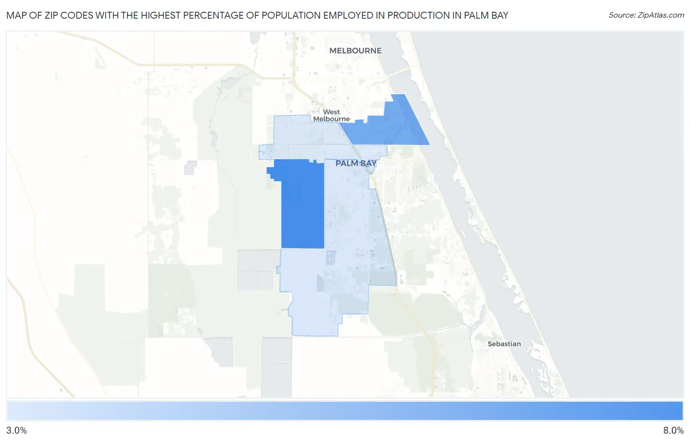 Zip Codes with the Highest Percentage of Population Employed in Production in Palm Bay Map