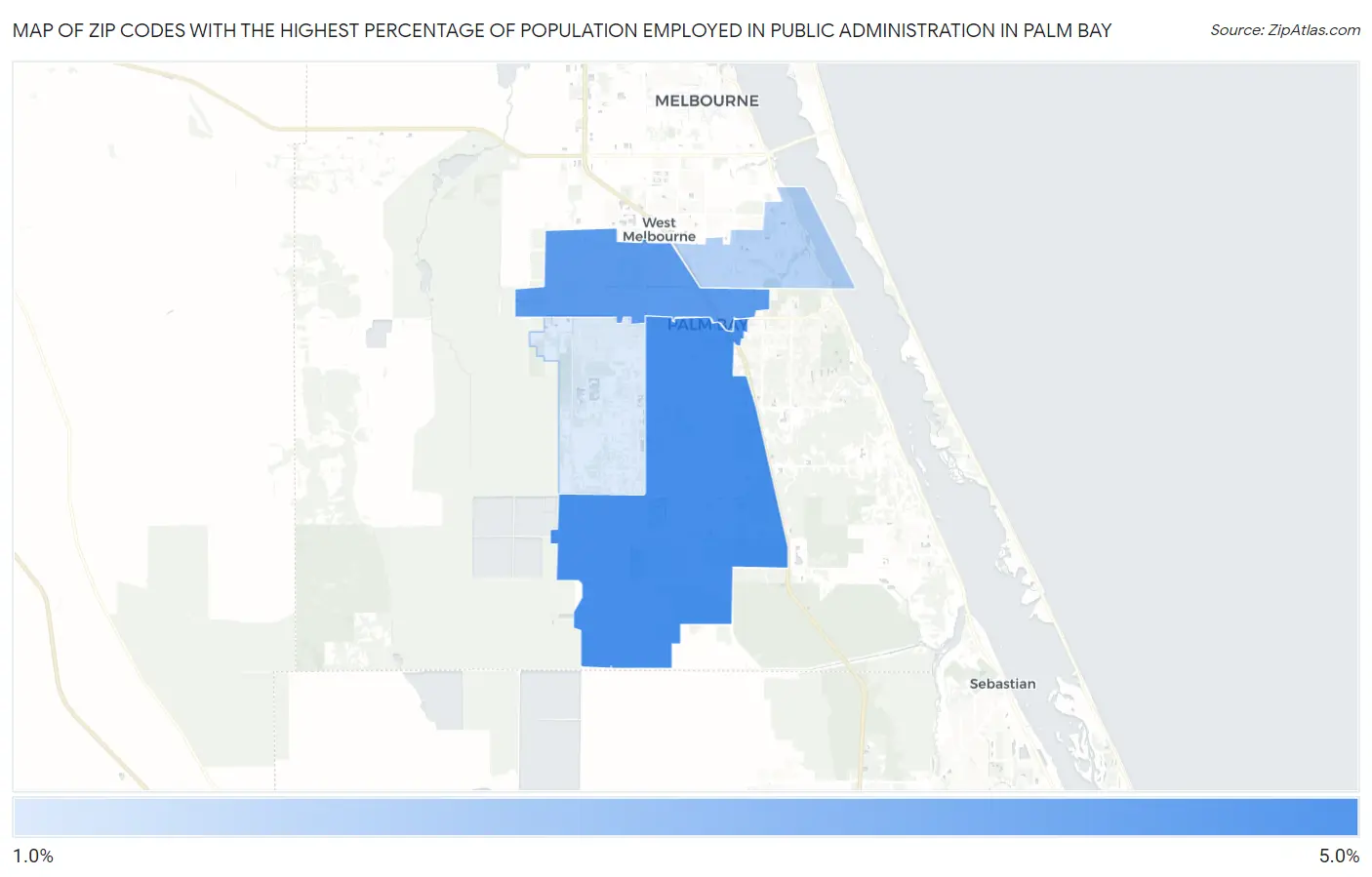 Zip Codes with the Highest Percentage of Population Employed in Public Administration in Palm Bay Map