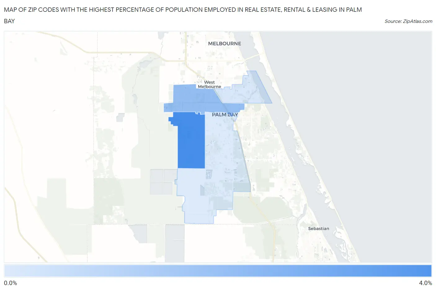 Zip Codes with the Highest Percentage of Population Employed in Real Estate, Rental & Leasing in Palm Bay Map