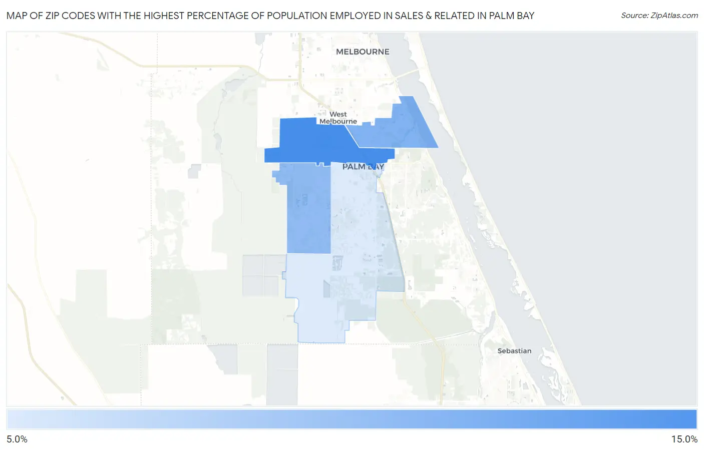 Zip Codes with the Highest Percentage of Population Employed in Sales & Related in Palm Bay Map