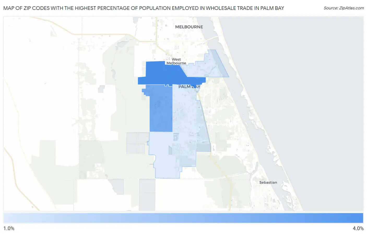 Zip Codes with the Highest Percentage of Population Employed in Wholesale Trade in Palm Bay Map