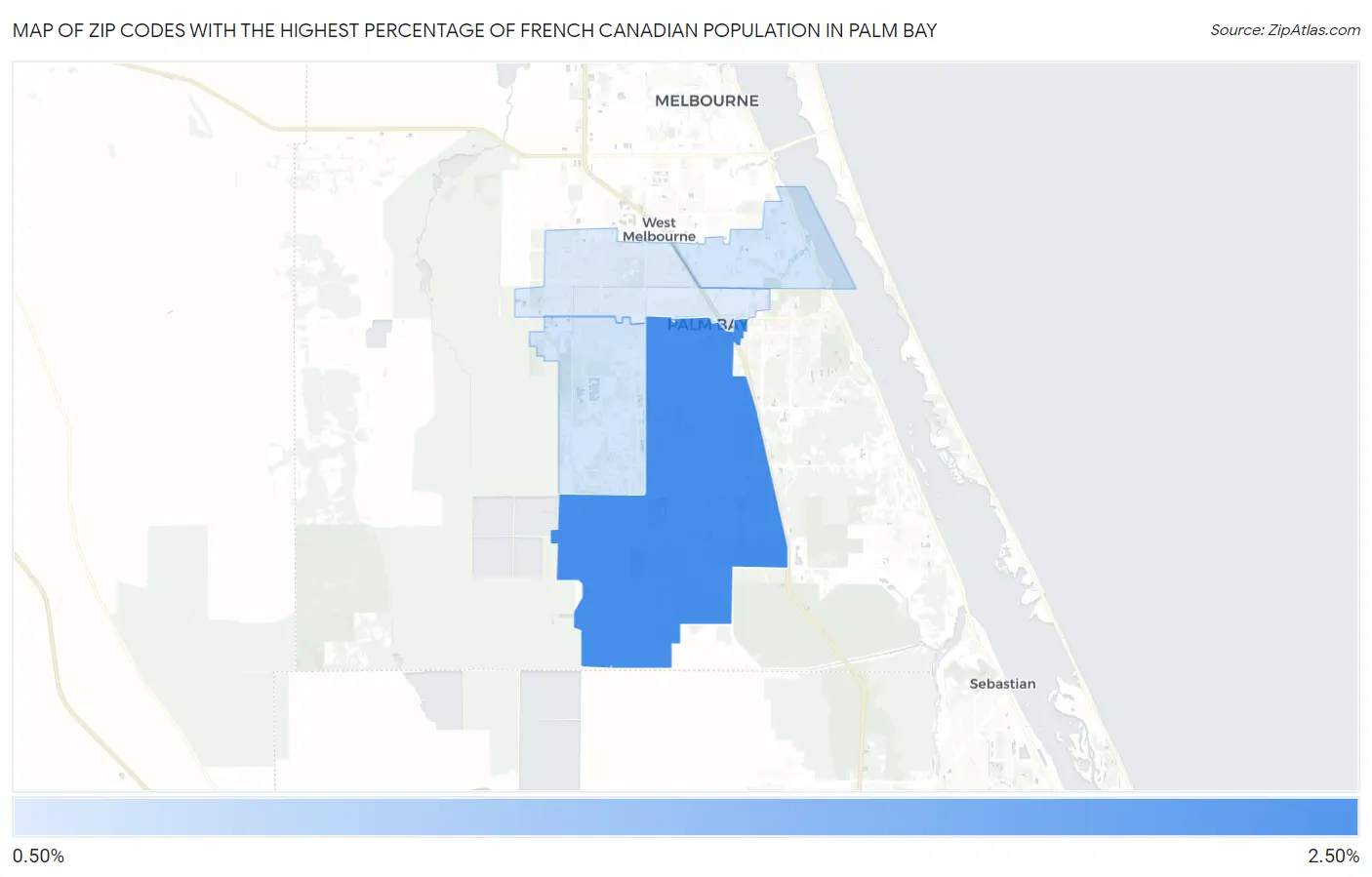 Zip Codes with the Highest Percentage of French Canadian Population in Palm Bay Map