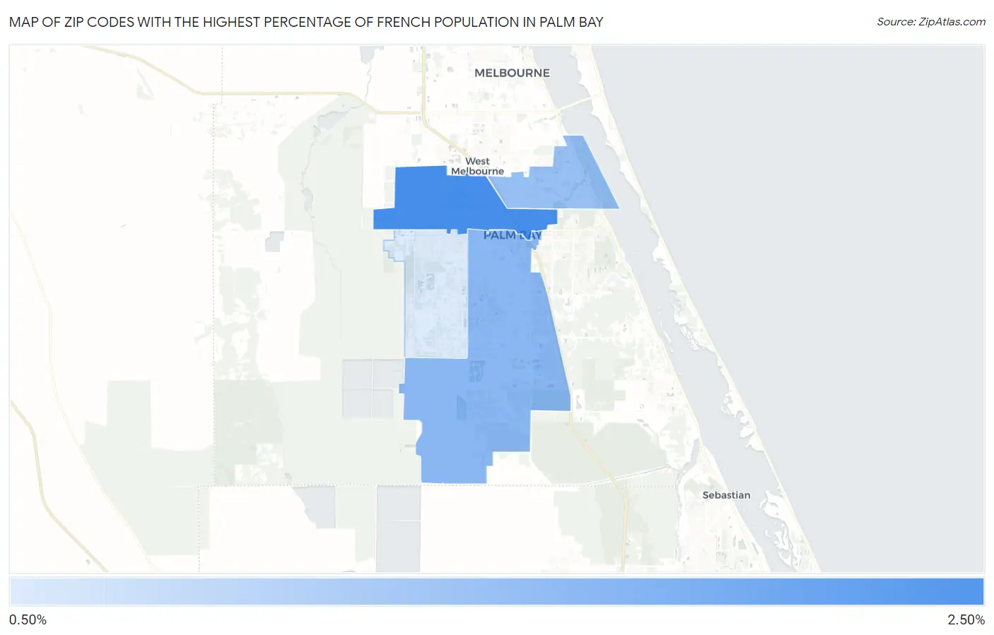 Zip Codes with the Highest Percentage of French Population in Palm Bay Map