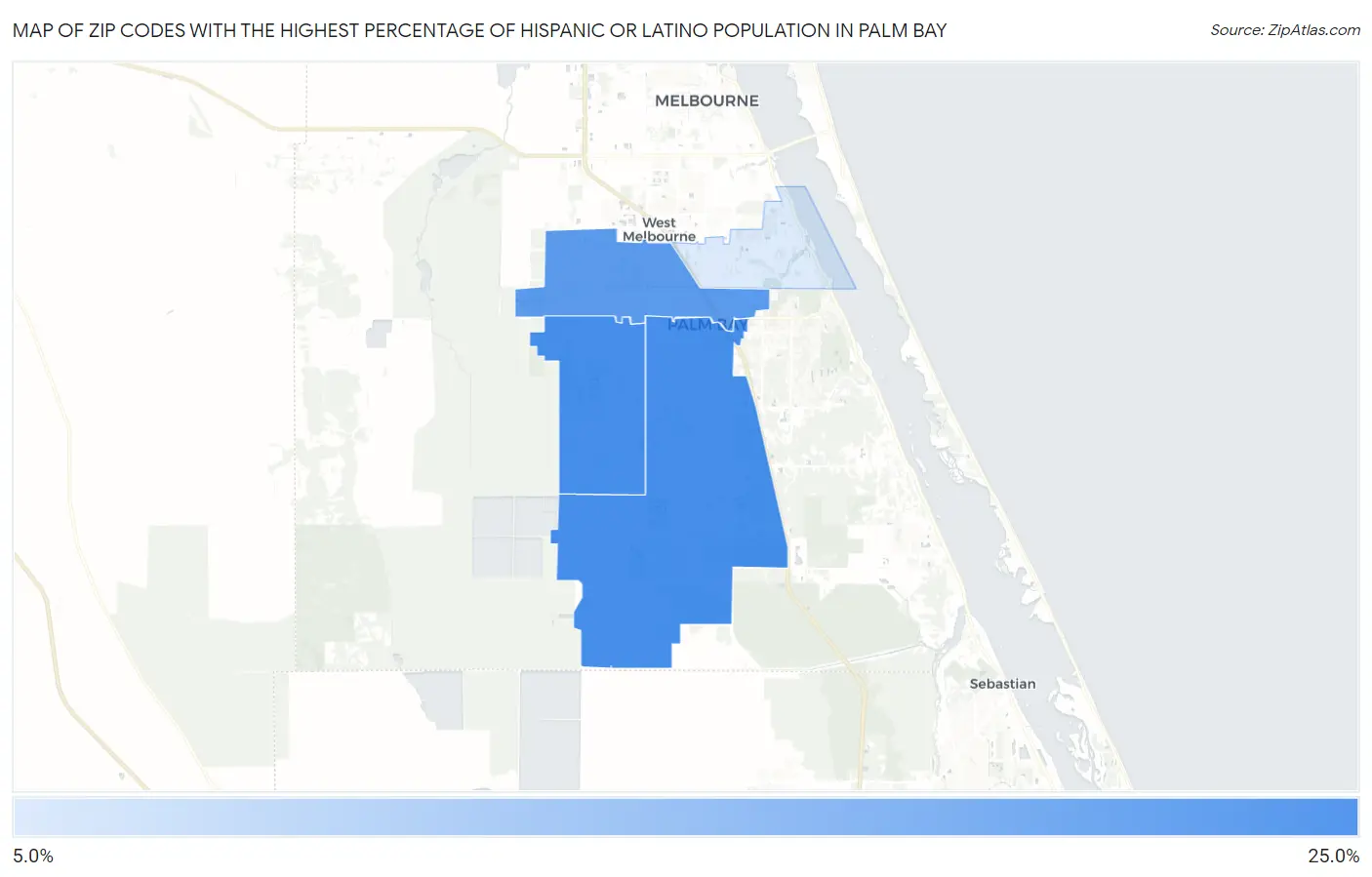 Zip Codes with the Highest Percentage of Hispanic or Latino Population in Palm Bay Map