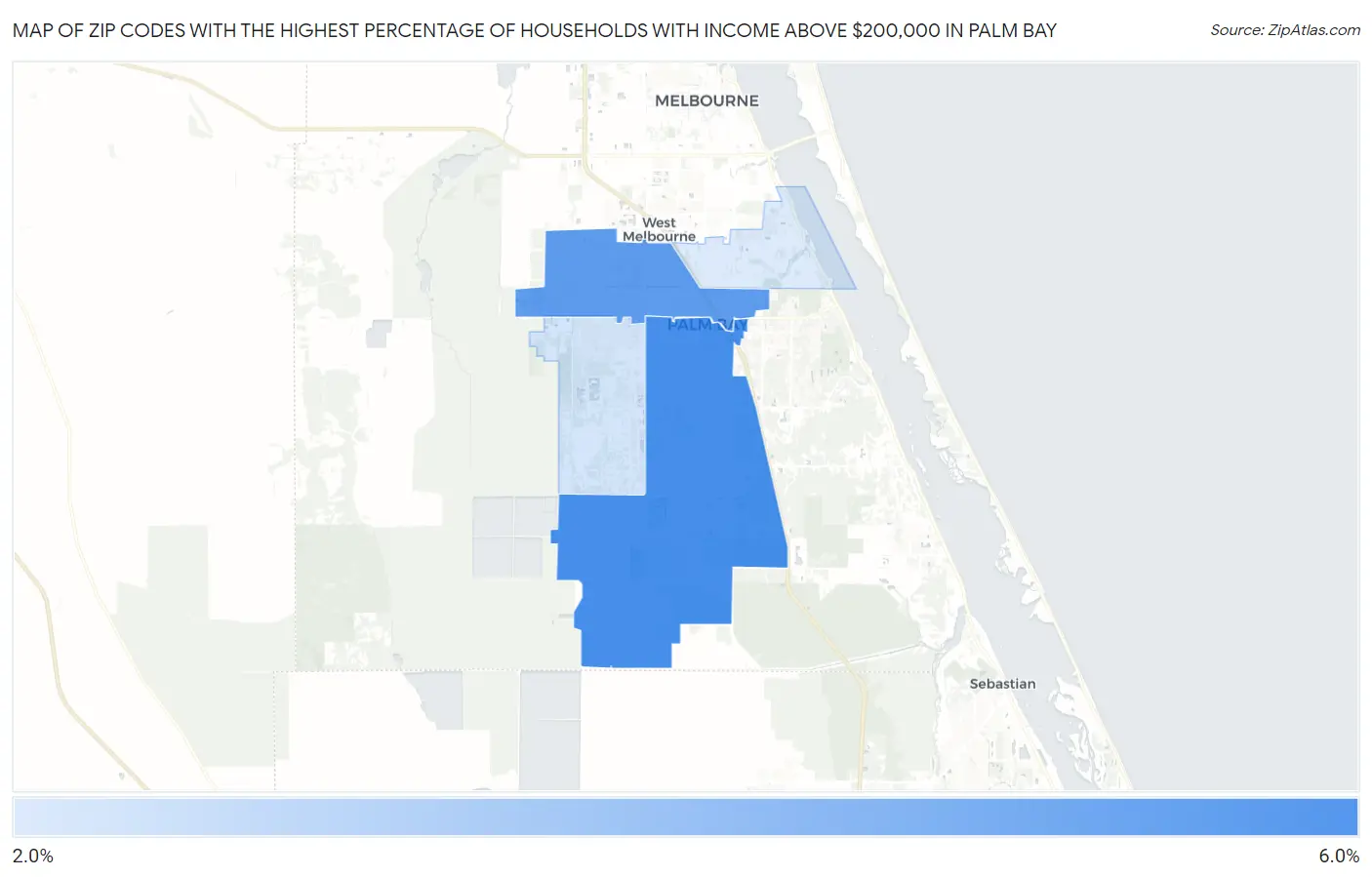 Zip Codes with the Highest Percentage of Households with Income Above $200,000 in Palm Bay Map