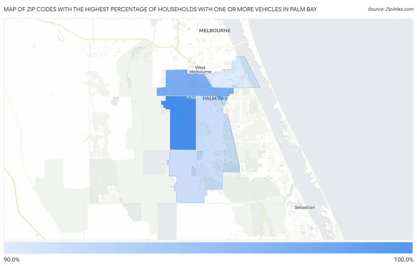 Zip Codes with the Highest Percentage of Households With One or more Vehicles in Palm Bay Map
