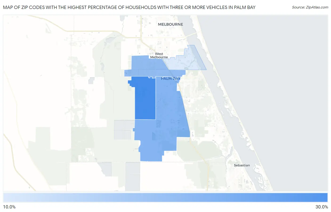 Zip Codes with the Highest Percentage of Households With Three or more Vehicles in Palm Bay Map