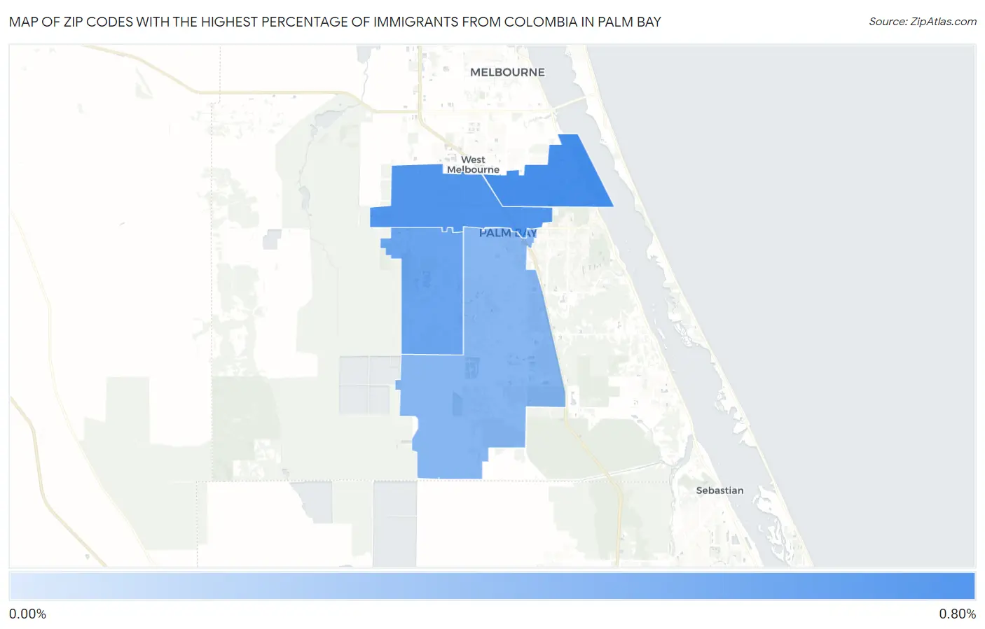 Zip Codes with the Highest Percentage of Immigrants from Colombia in Palm Bay Map