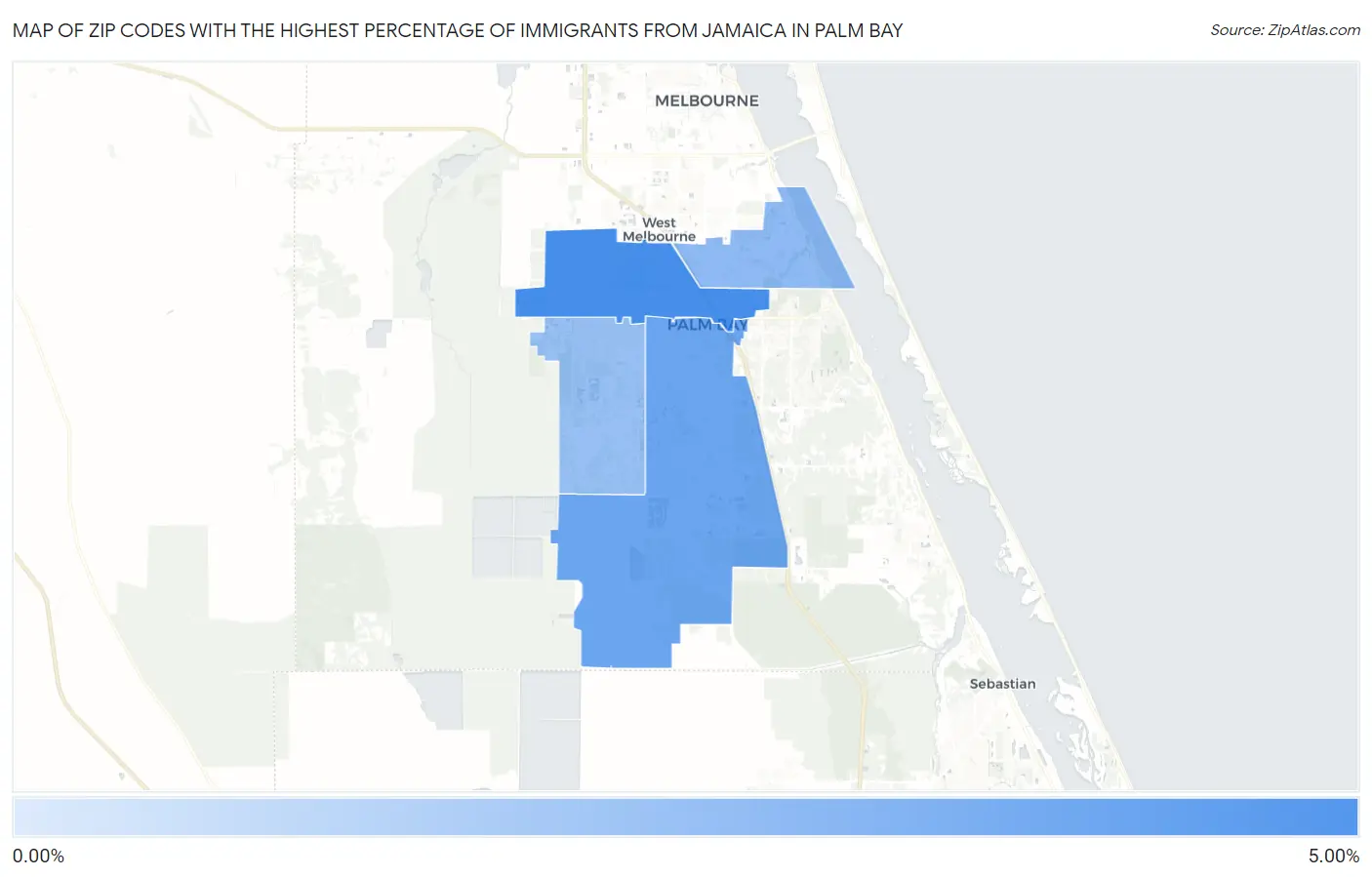 Zip Codes with the Highest Percentage of Immigrants from Jamaica in Palm Bay Map