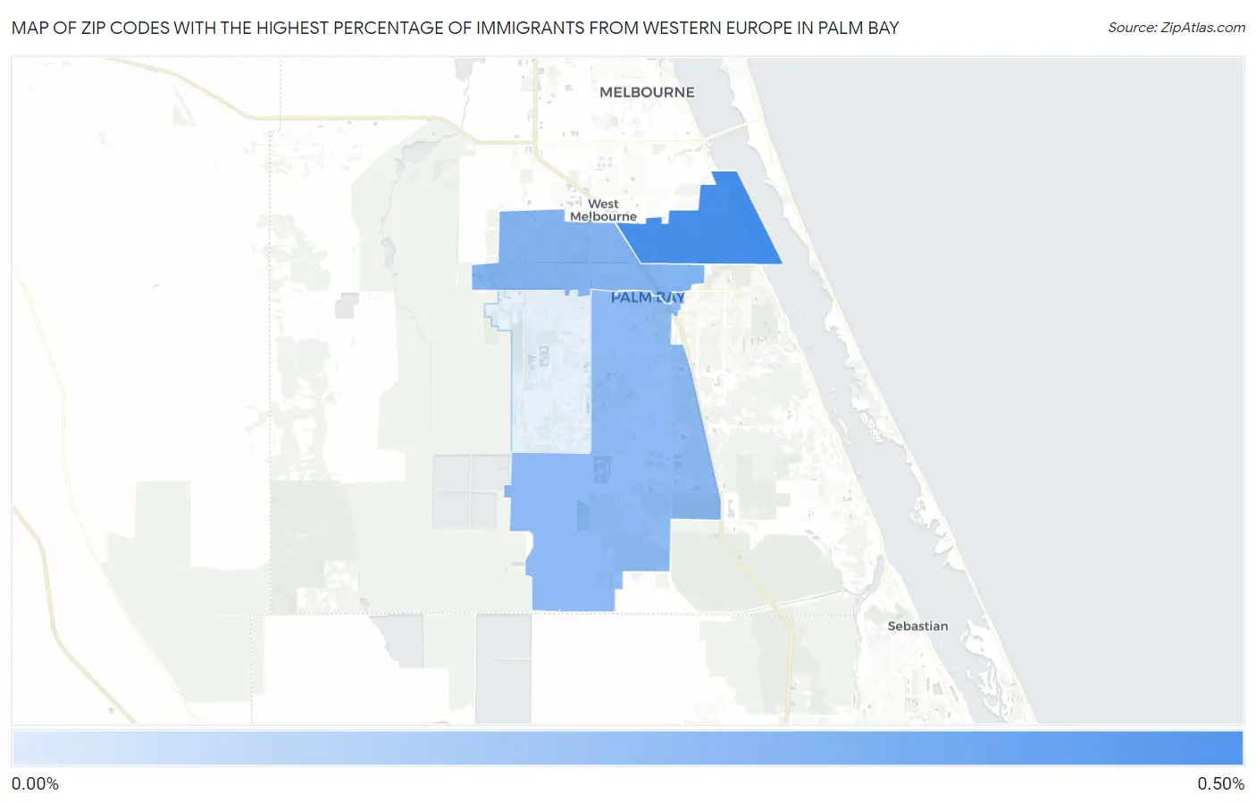 Zip Codes with the Highest Percentage of Immigrants from Western Europe in Palm Bay Map