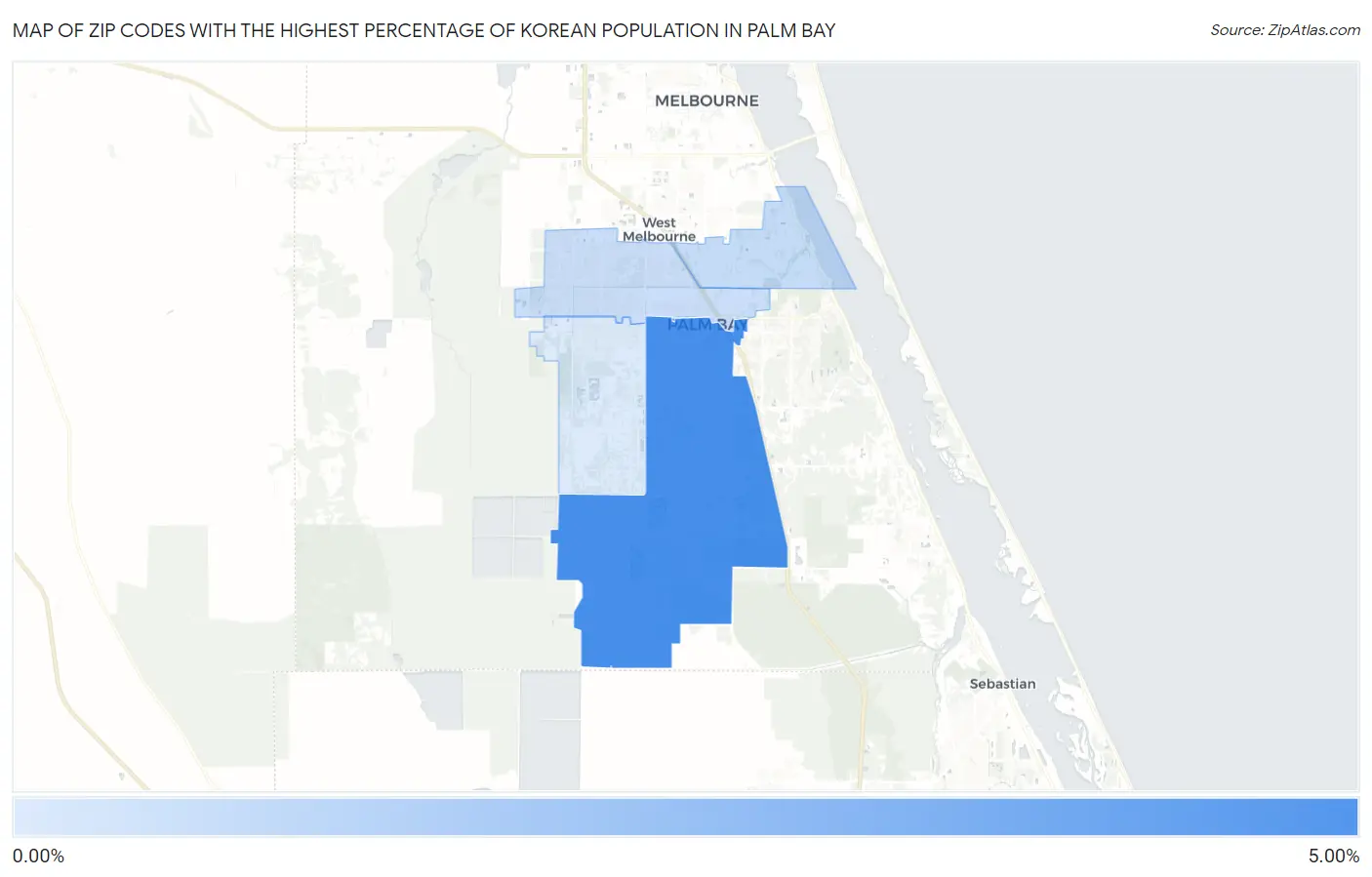 Zip Codes with the Highest Percentage of Korean Population in Palm Bay Map