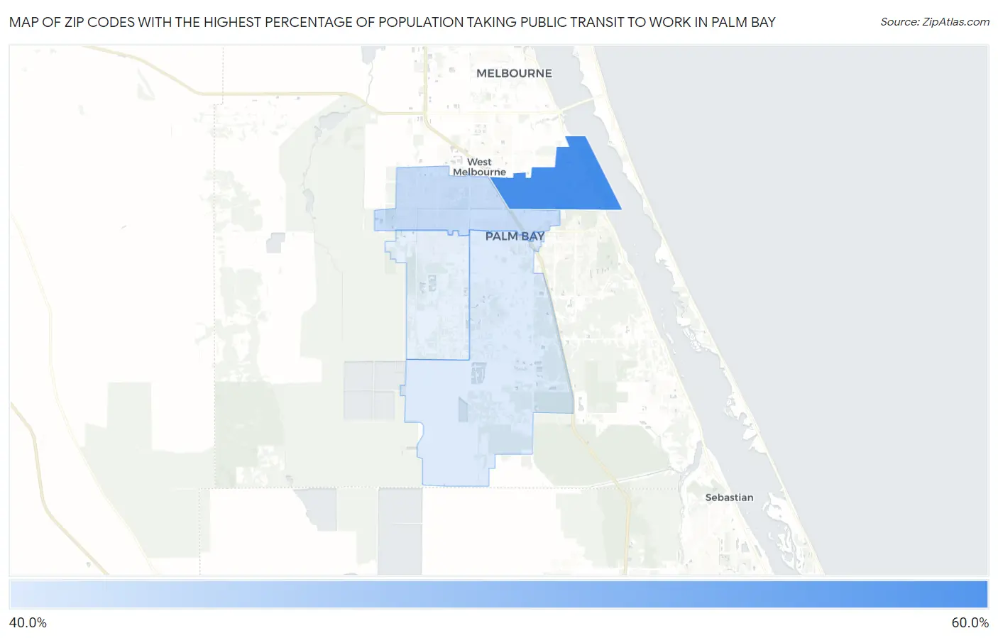 Zip Codes with the Highest Percentage of Population Taking Public Transit to Work in Palm Bay Map