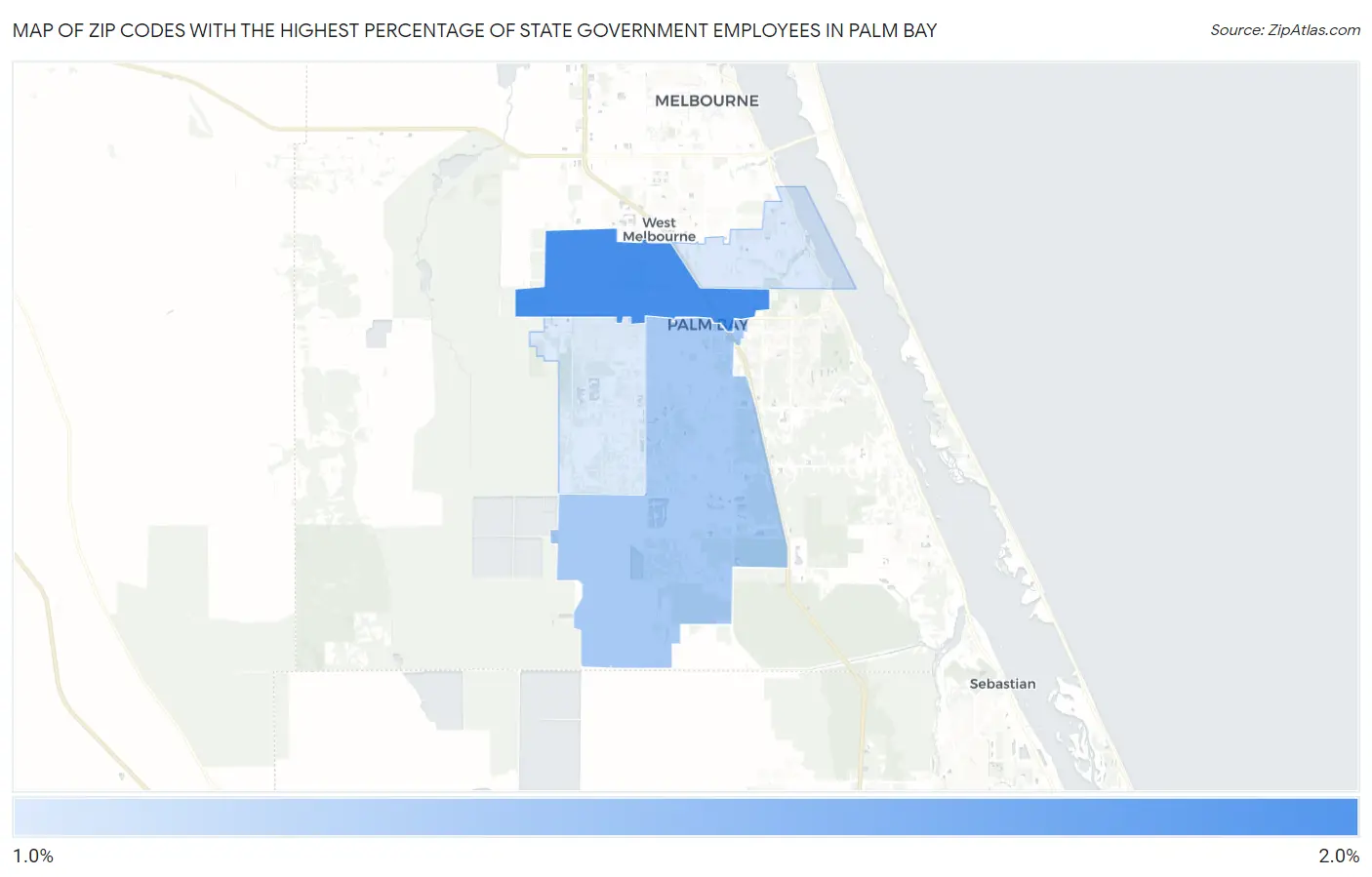 Zip Codes with the Highest Percentage of State Government Employees in Palm Bay Map