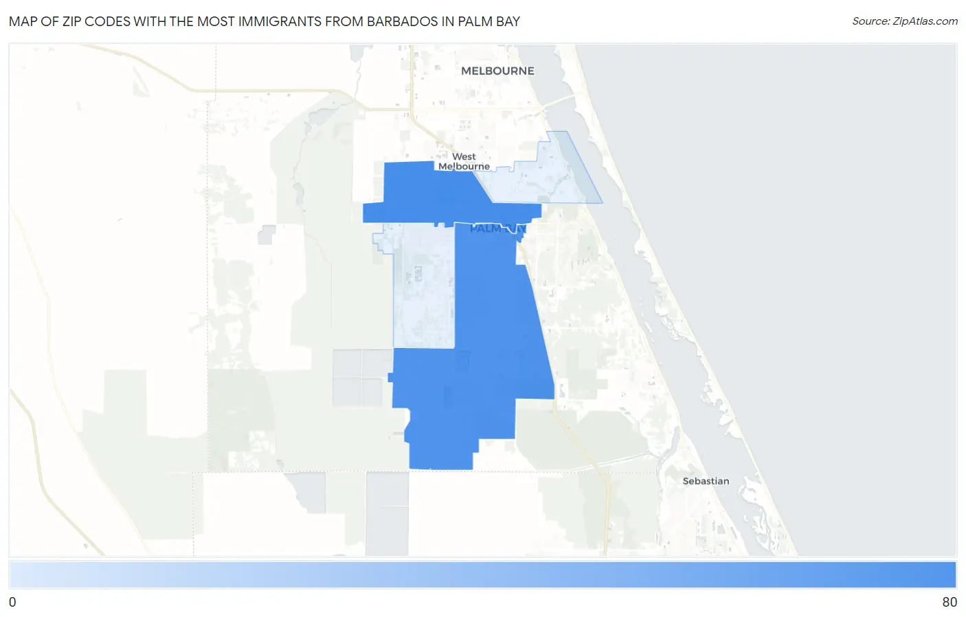 Zip Codes with the Most Immigrants from Barbados in Palm Bay Map