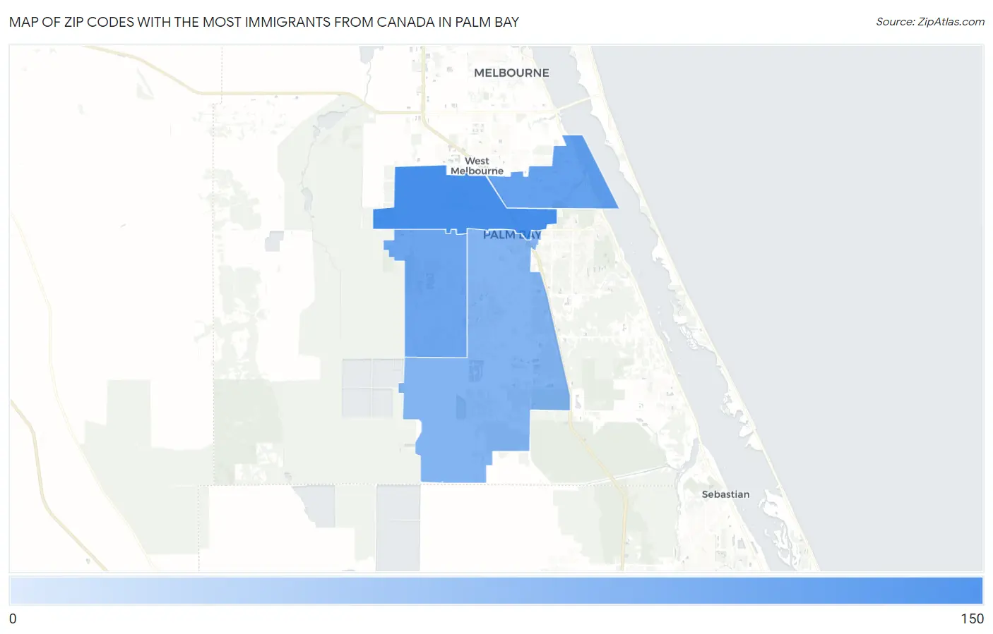 Zip Codes with the Most Immigrants from Canada in Palm Bay Map