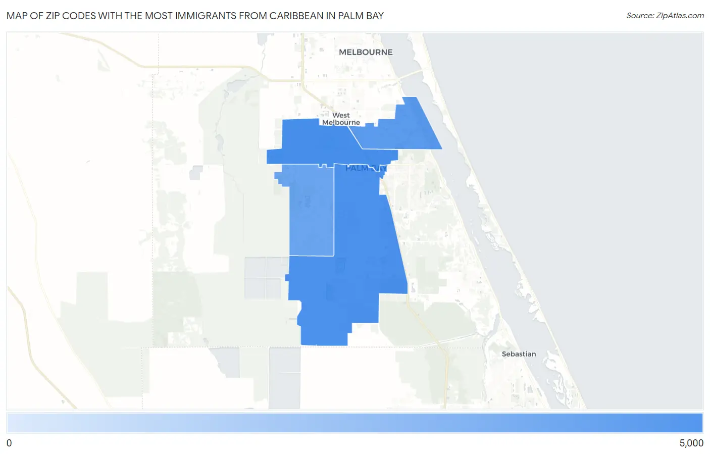 Zip Codes with the Most Immigrants from Caribbean in Palm Bay Map