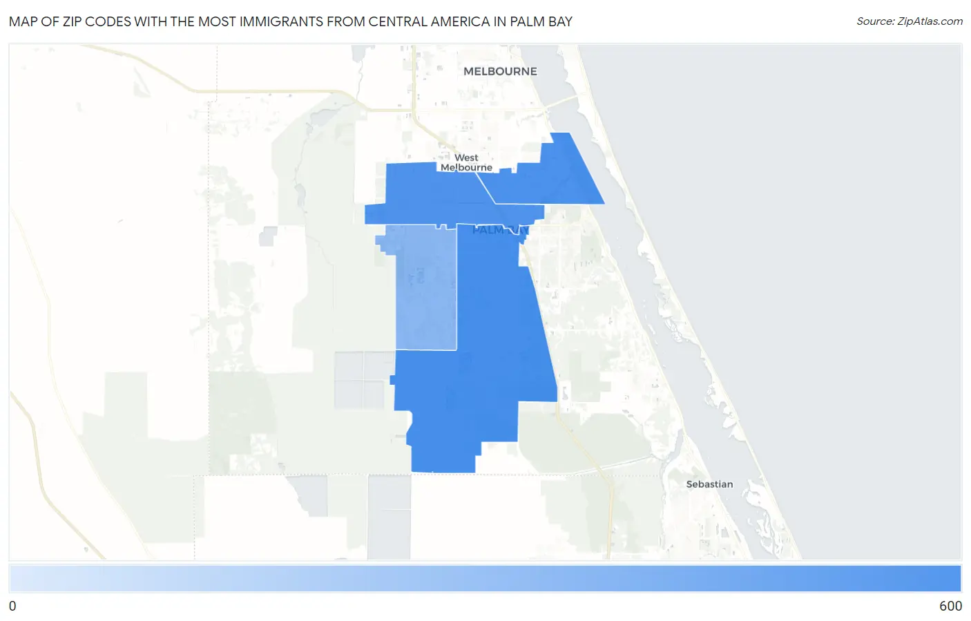 Zip Codes with the Most Immigrants from Central America in Palm Bay Map