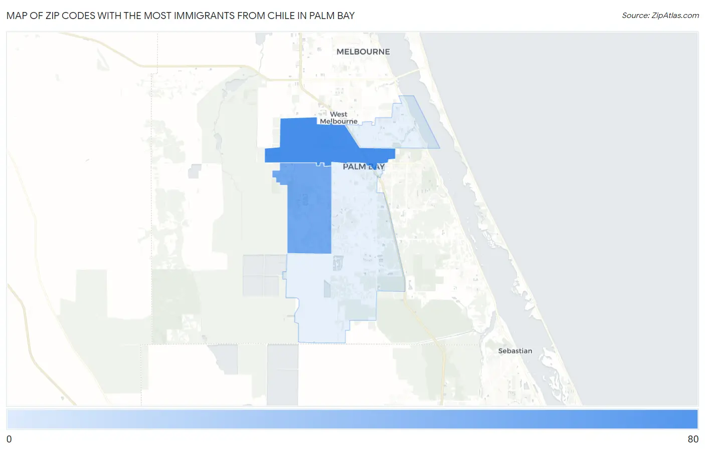 Zip Codes with the Most Immigrants from Chile in Palm Bay Map