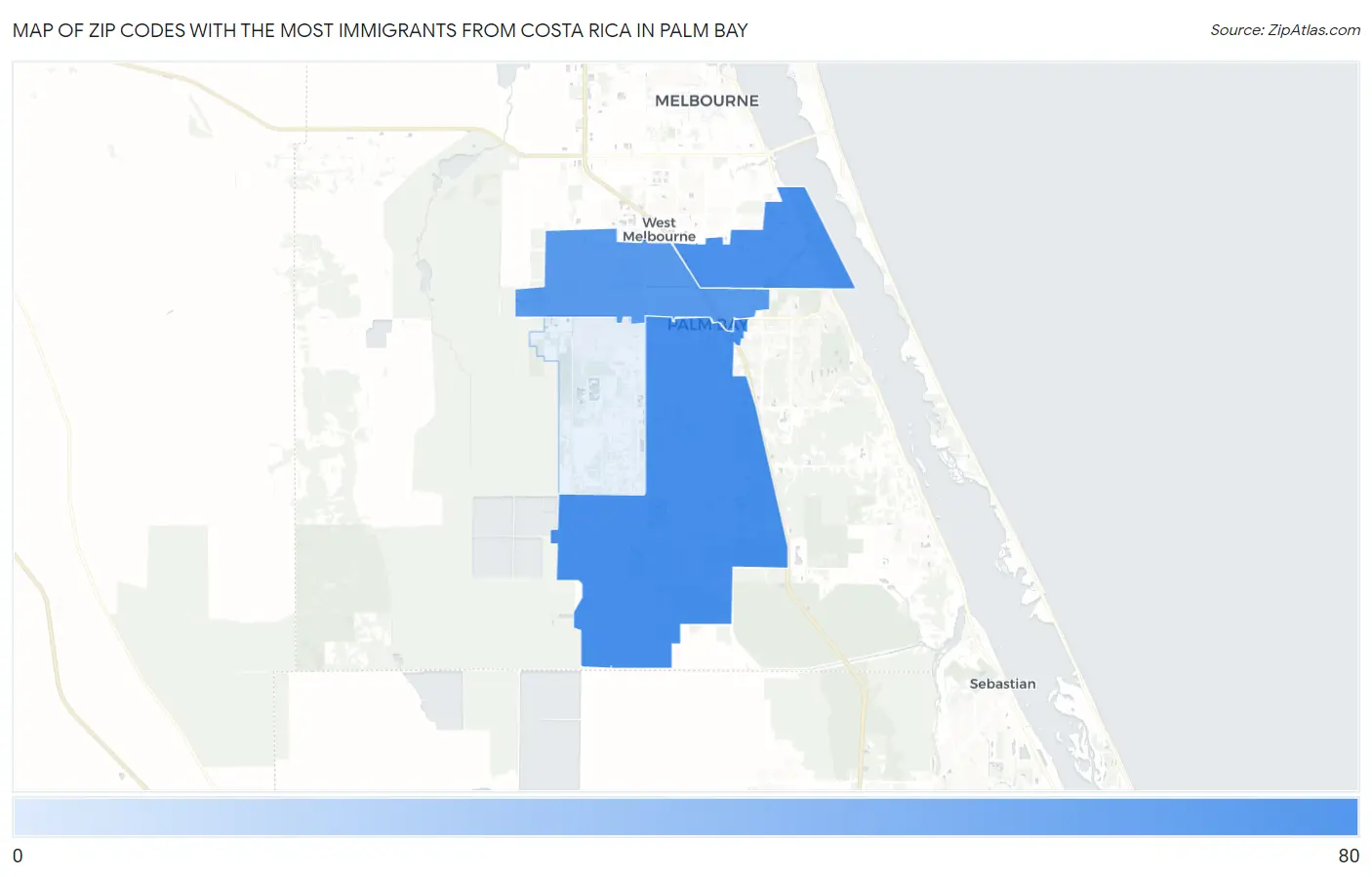 Zip Codes with the Most Immigrants from Costa Rica in Palm Bay Map