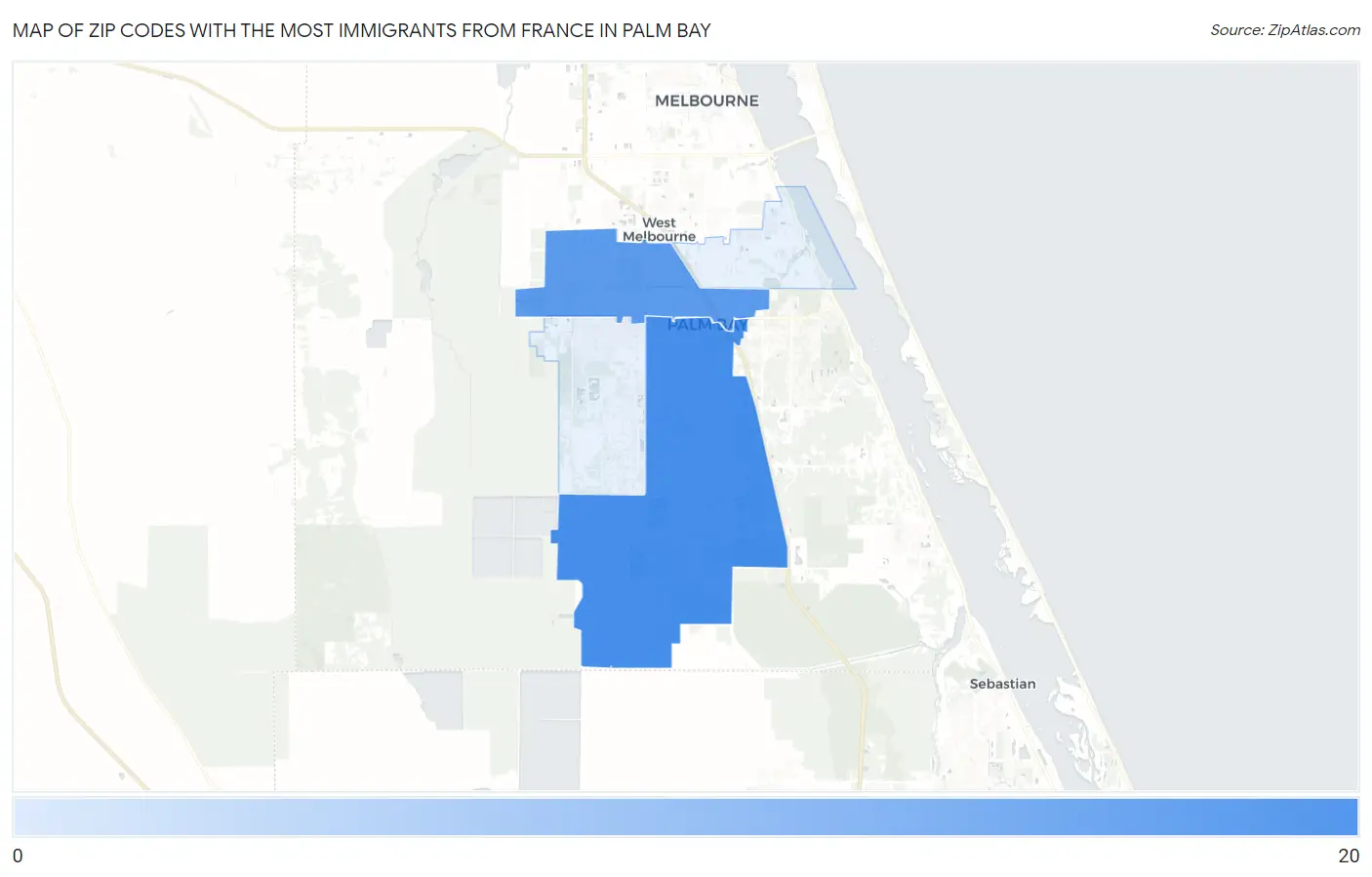 Zip Codes with the Most Immigrants from France in Palm Bay Map