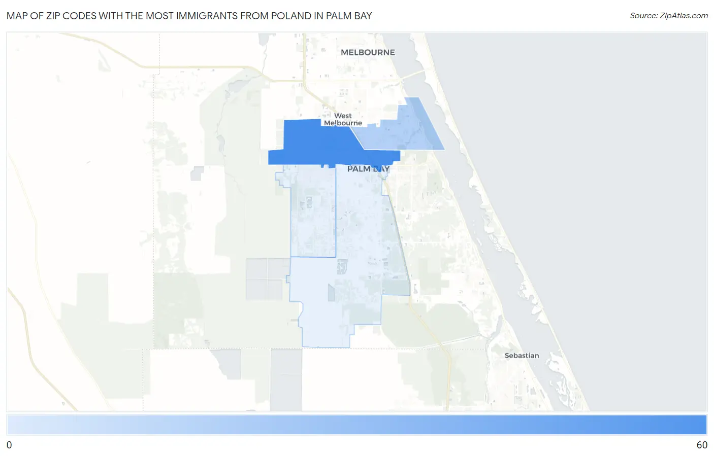 Zip Codes with the Most Immigrants from Poland in Palm Bay Map