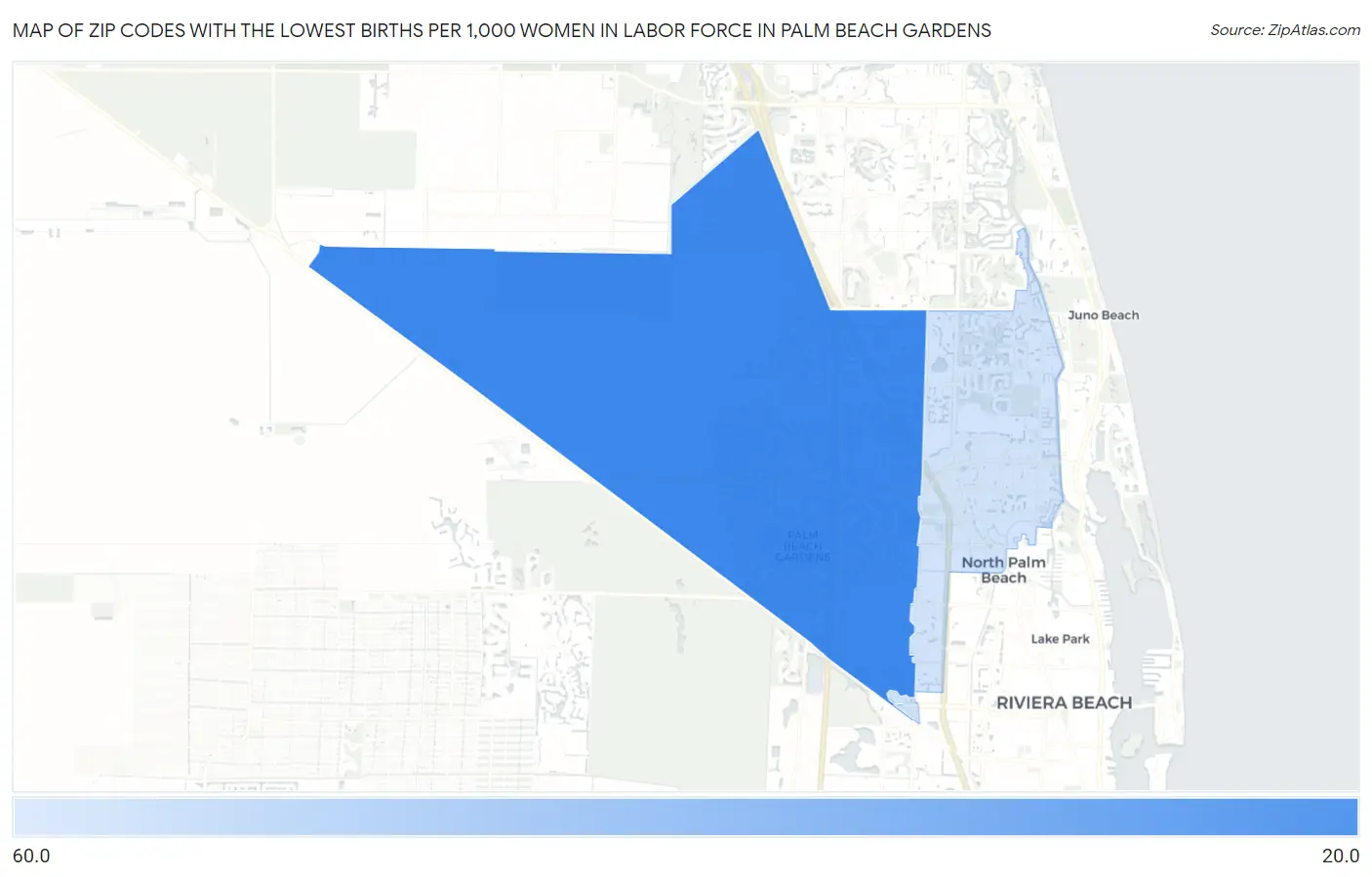 Zip Codes with the Lowest Births per 1,000 Women in Labor Force in Palm Beach Gardens Map