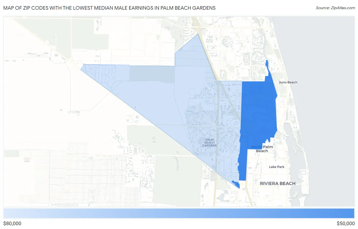 Zip Codes with the Lowest Median Male Earnings in Palm Beach Gardens Map