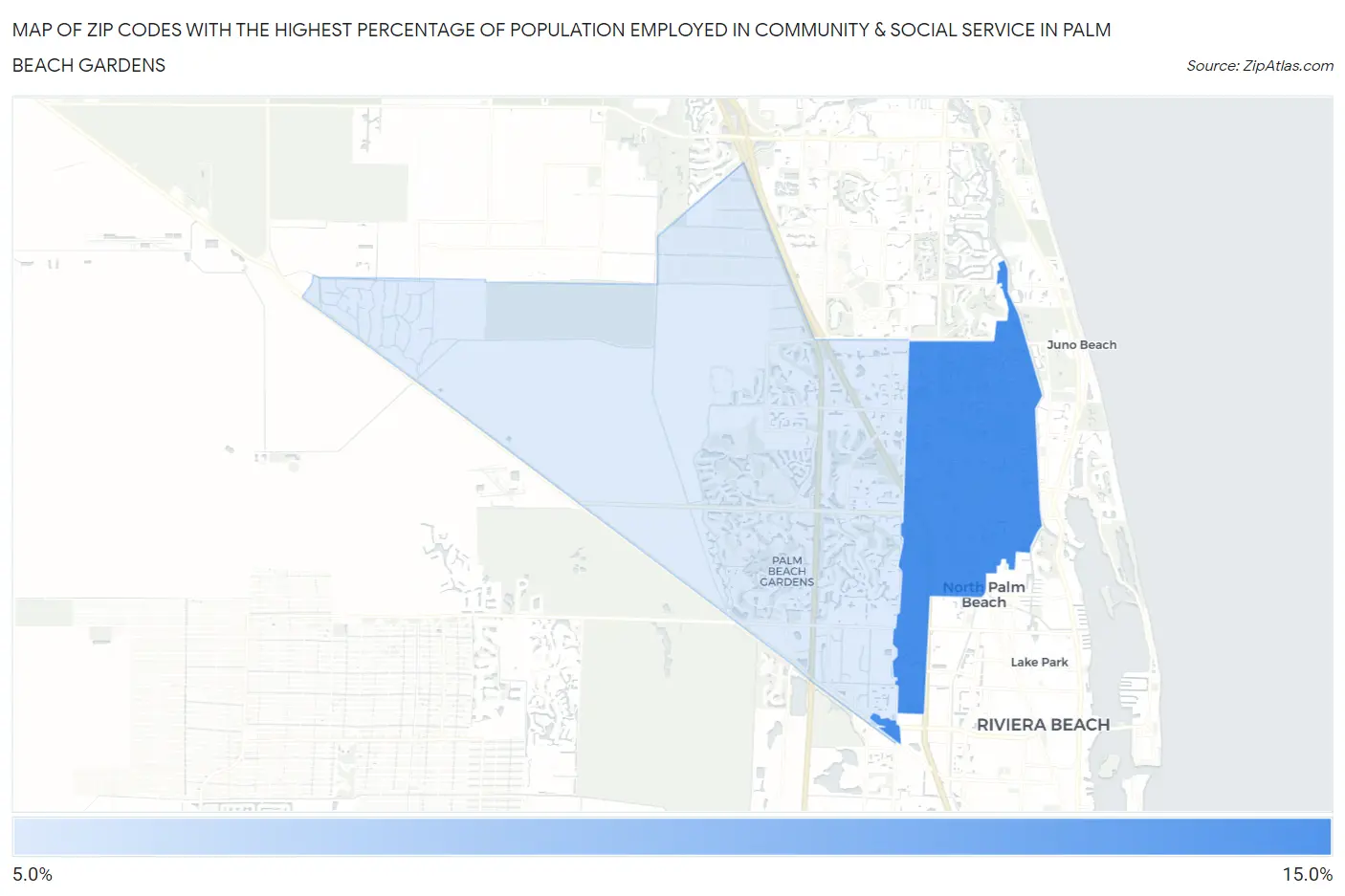 Zip Codes with the Highest Percentage of Population Employed in Community & Social Service  in Palm Beach Gardens Map