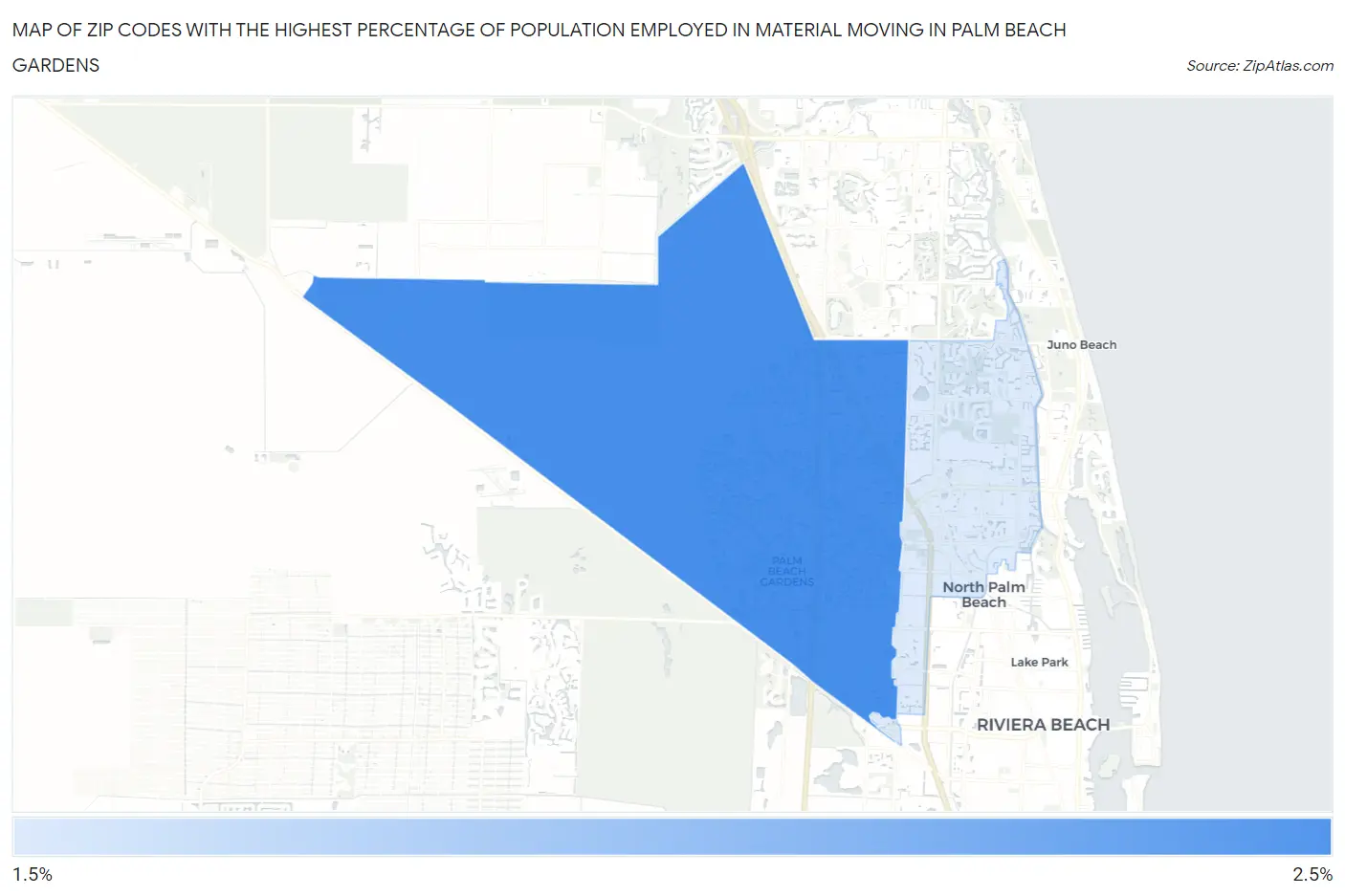 Zip Codes with the Highest Percentage of Population Employed in Material Moving in Palm Beach Gardens Map