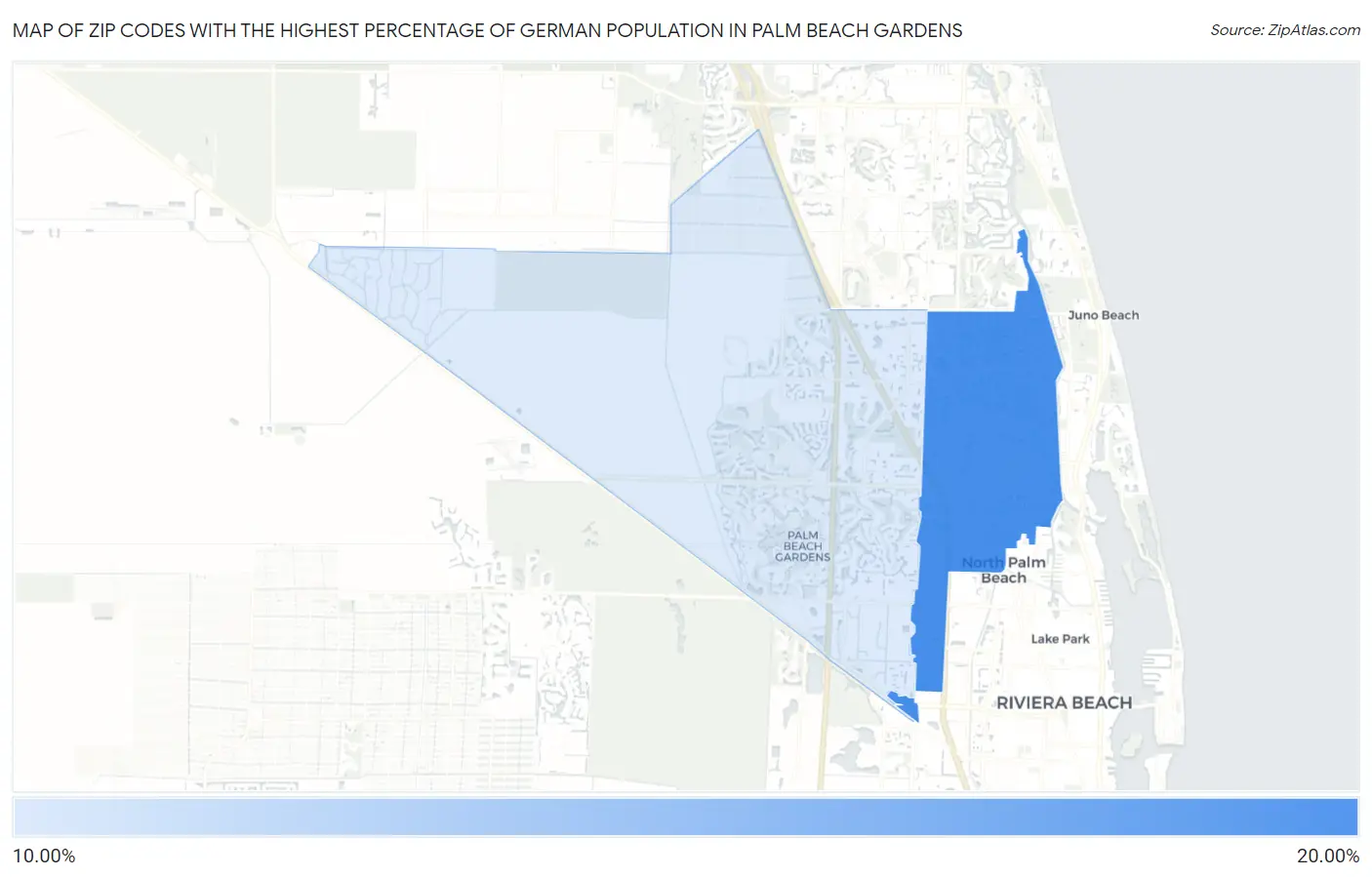 Zip Codes with the Highest Percentage of German Population in Palm Beach Gardens Map