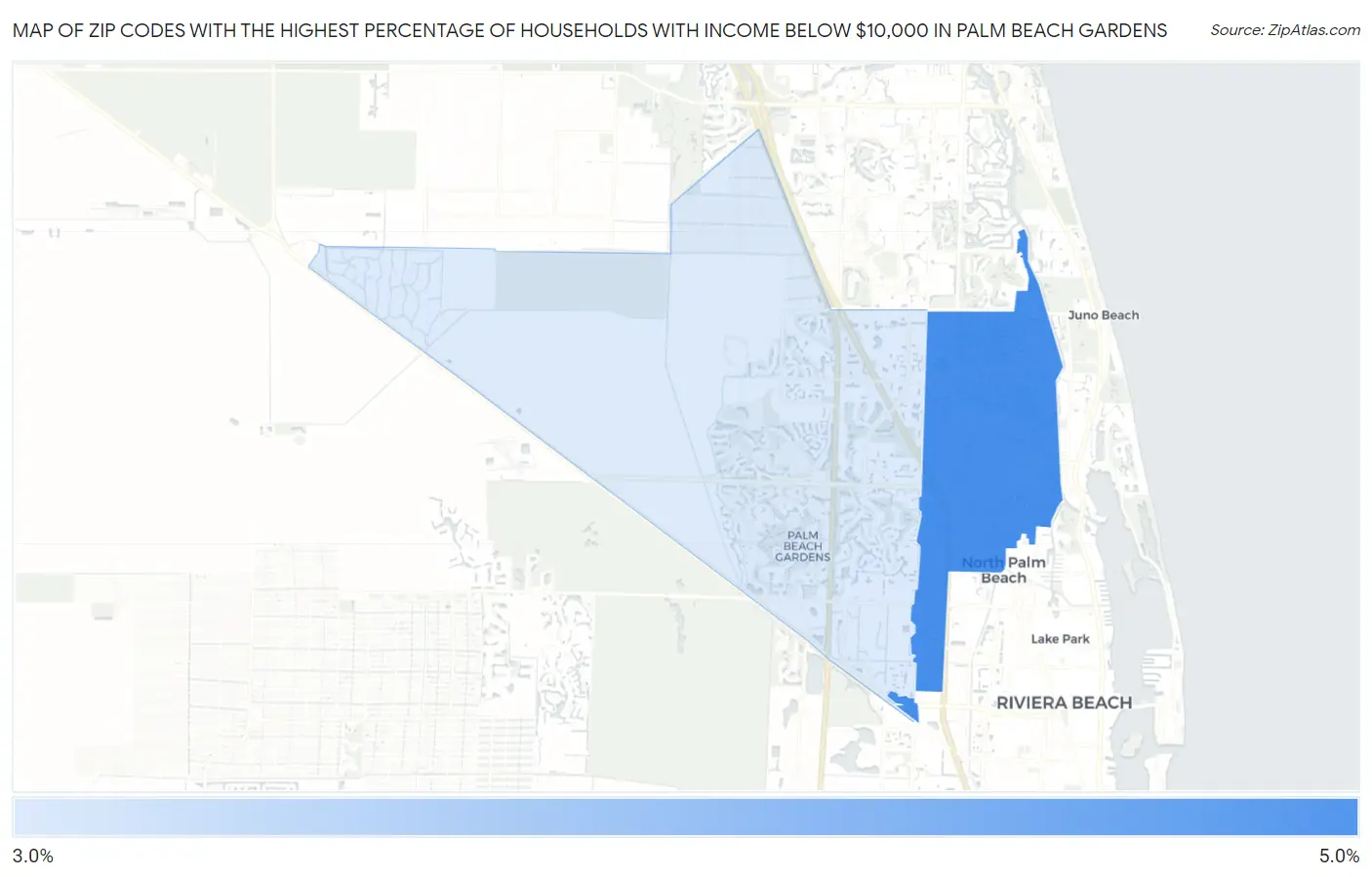 Zip Codes with the Highest Percentage of Households with Income Below $10,000 in Palm Beach Gardens Map