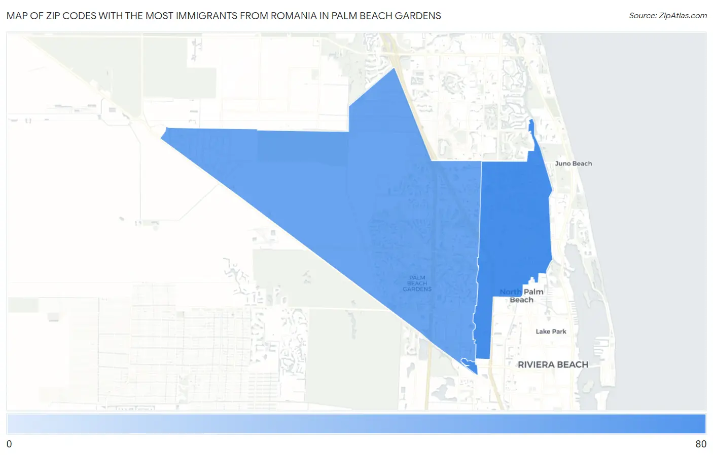 Zip Codes with the Most Immigrants from Romania in Palm Beach Gardens Map