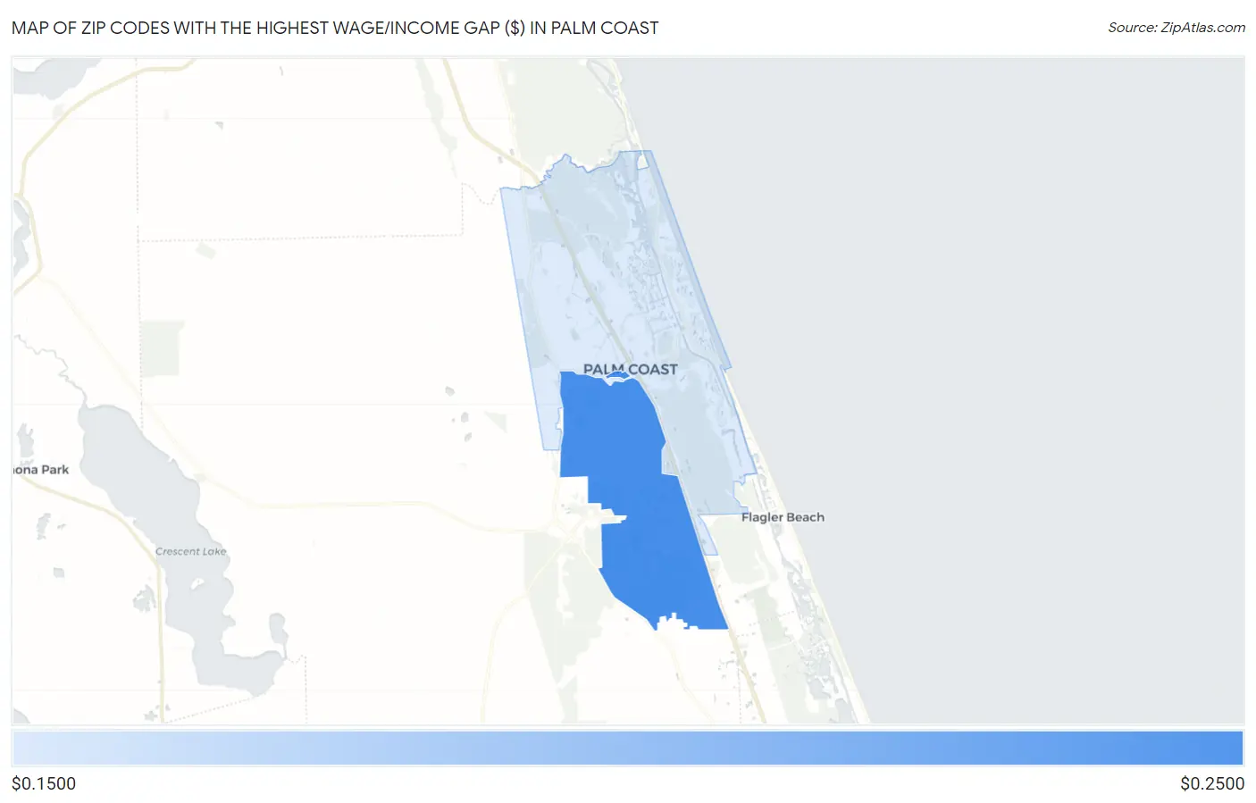 Zip Codes with the Highest Wage/Income Gap ($) in Palm Coast Map