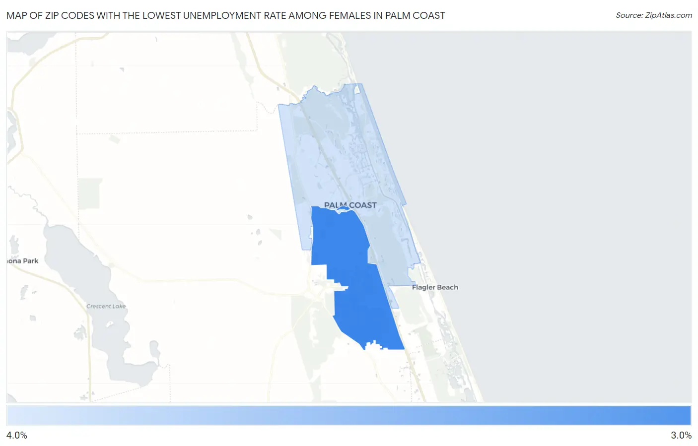 Zip Codes with the Lowest Unemployment Rate Among Females in Palm Coast Map