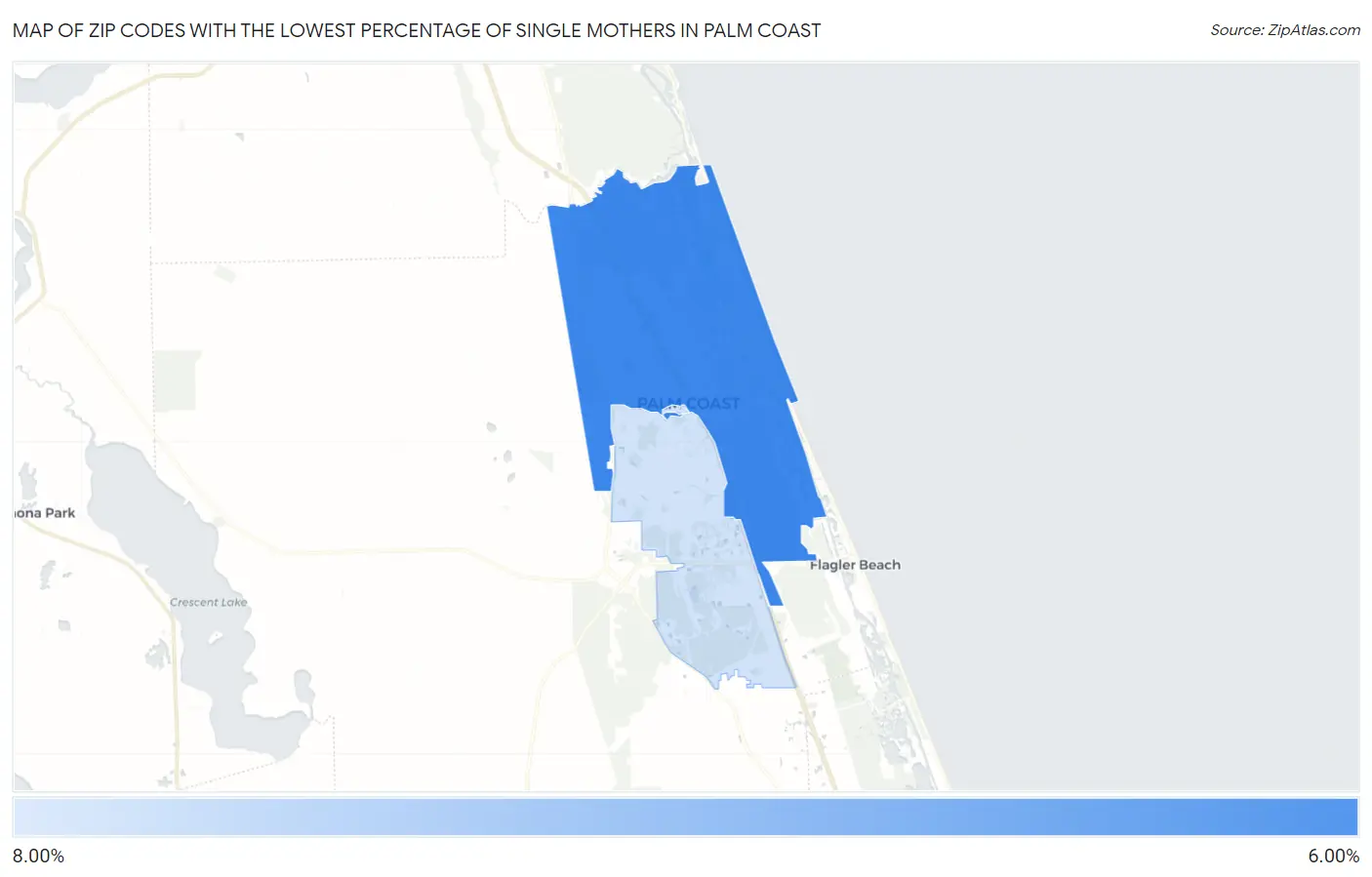 Zip Codes with the Lowest Percentage of Single Mothers in Palm Coast Map