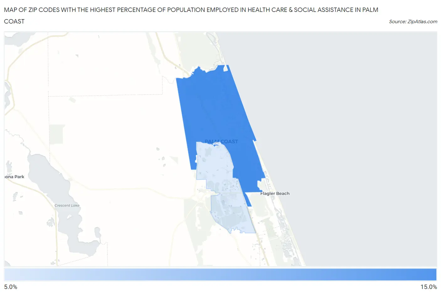 Zip Codes with the Highest Percentage of Population Employed in Health Care & Social Assistance in Palm Coast Map
