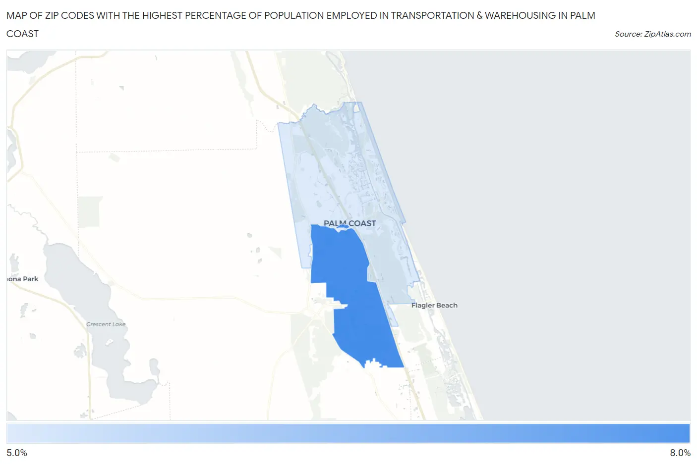 Zip Codes with the Highest Percentage of Population Employed in Transportation & Warehousing in Palm Coast Map