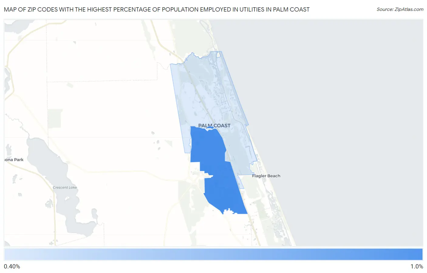 Zip Codes with the Highest Percentage of Population Employed in Utilities in Palm Coast Map