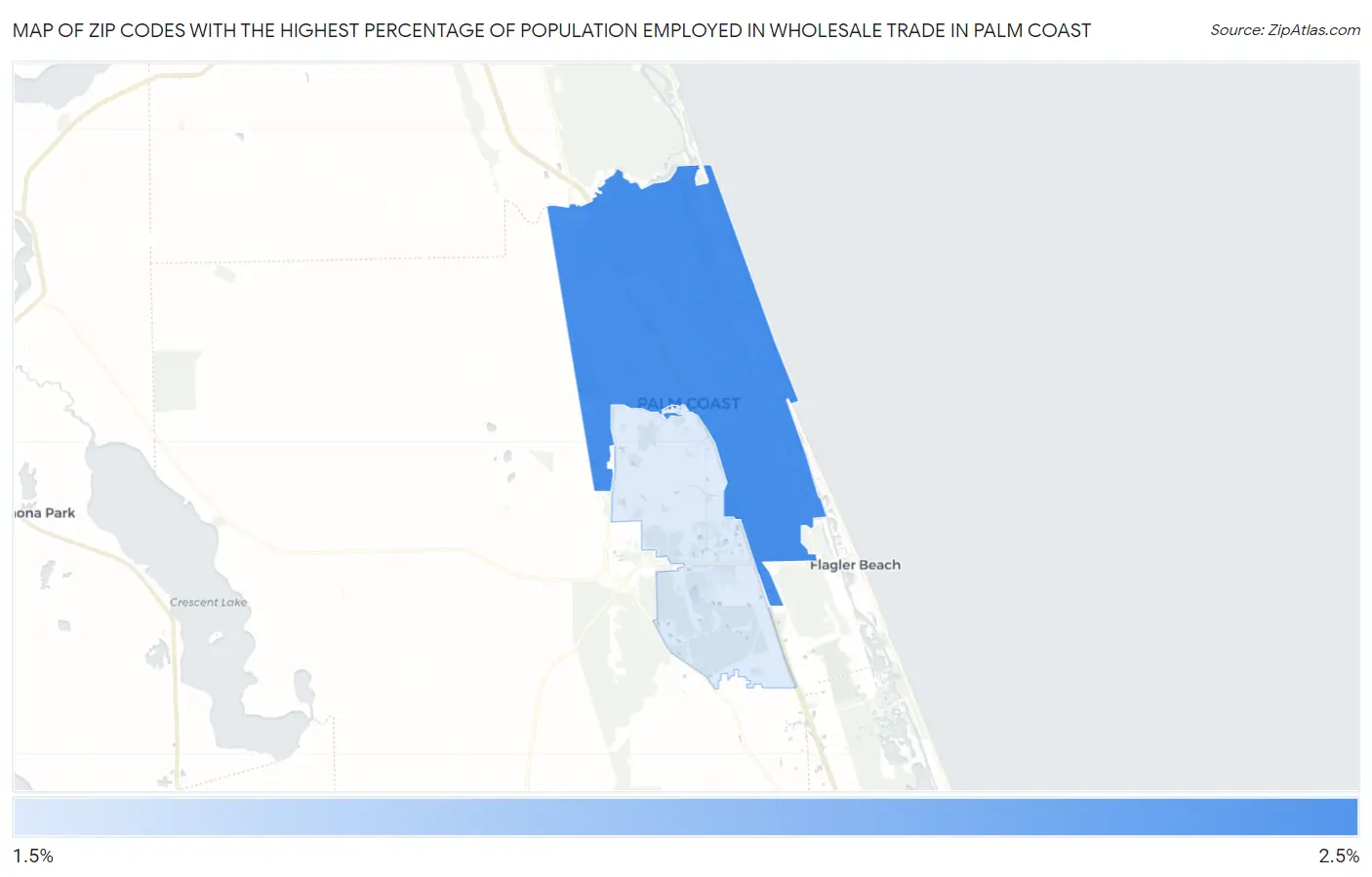 Zip Codes with the Highest Percentage of Population Employed in Wholesale Trade in Palm Coast Map