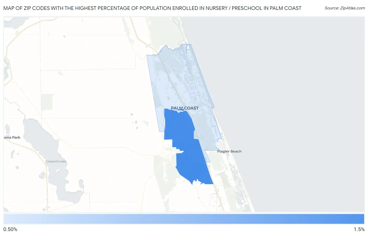 Zip Codes with the Highest Percentage of Population Enrolled in Nursery / Preschool in Palm Coast Map