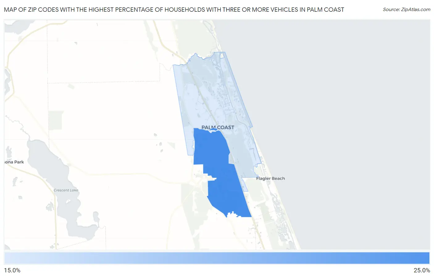 Zip Codes with the Highest Percentage of Households With Three or more Vehicles in Palm Coast Map