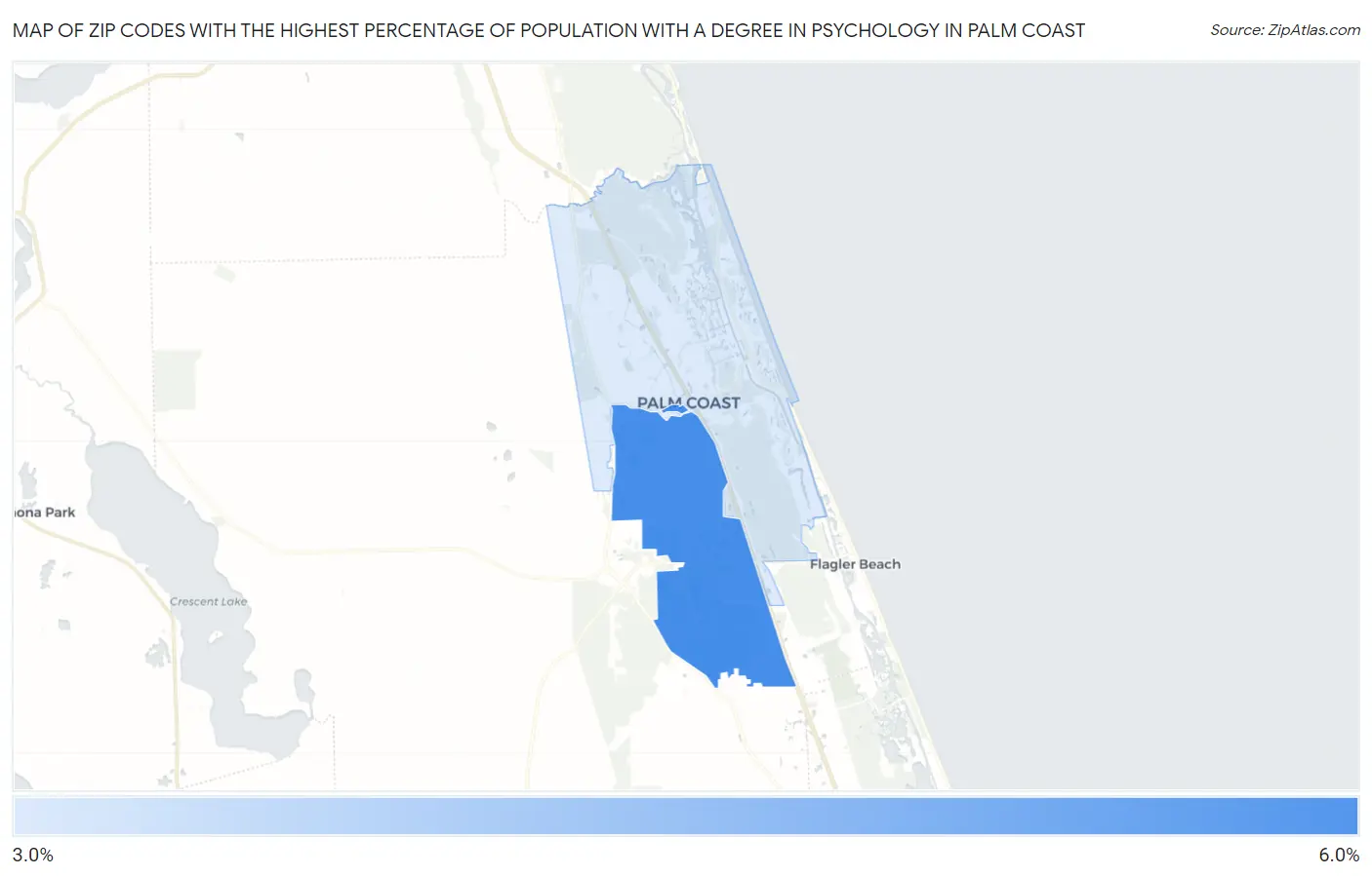 Zip Codes with the Highest Percentage of Population with a Degree in Psychology in Palm Coast Map