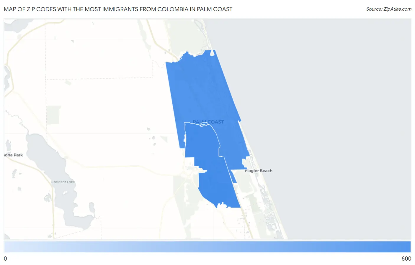 Zip Codes with the Most Immigrants from Colombia in Palm Coast Map