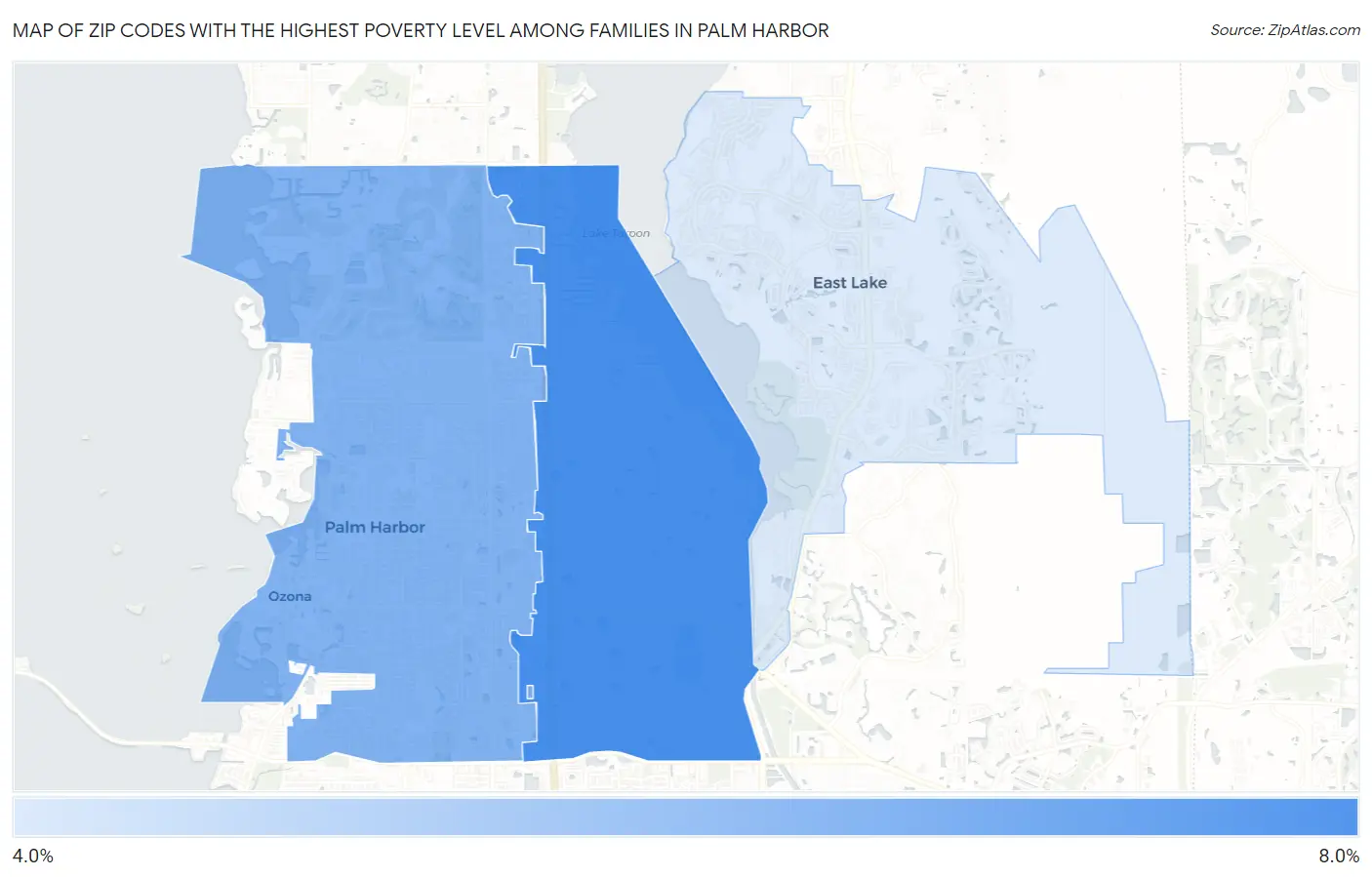 Zip Codes with the Highest Poverty Level Among Families in Palm Harbor Map